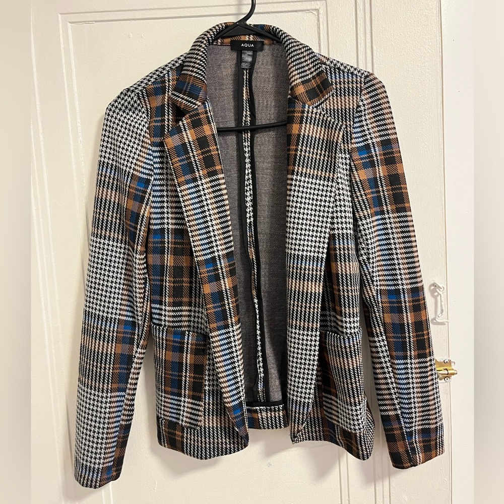 Aqua Women's Checkered Blazer - Black, Brown, Blue